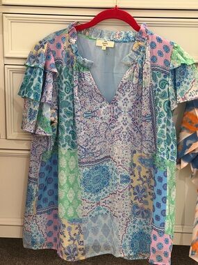 entro Multicolor Patchwork Ruffle Sleeve V-Neck Blouse